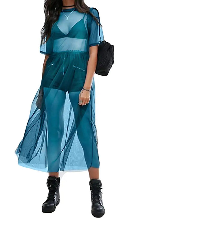 Sexy T Shirt Mesh Sheer Dress Women See-through Cover Up Top T Shirt Fashion Transparent  Short Sleeve Casual Summer Beach Tops