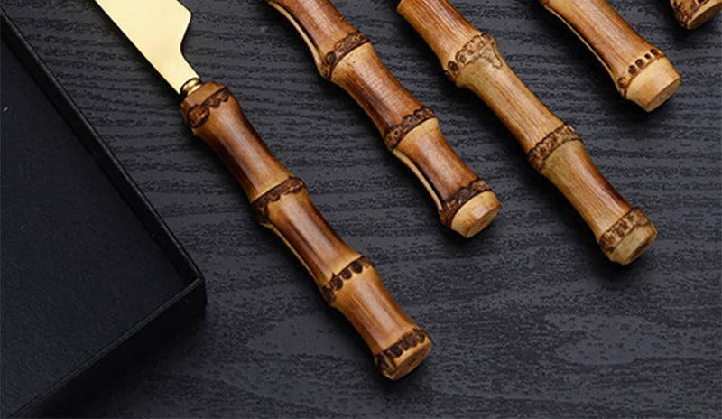 Bamboo Cutlery Sets Stainless Steel Dinnerware Sets Gold Wooden Tableware Western Food Knife Fork Teaspoon Cutleries
