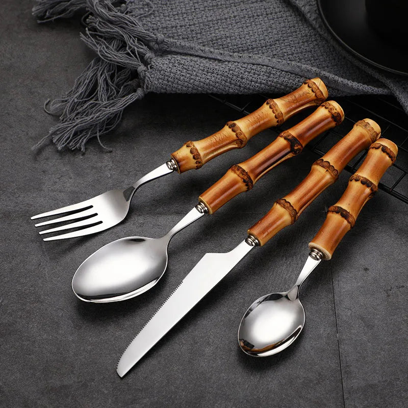 Natural Bamboo Handle Cutlery Set,Stainless Steel Dinnerware,Kitchen Silverware Flatware,Includes Forks Spoons Knives Tableware