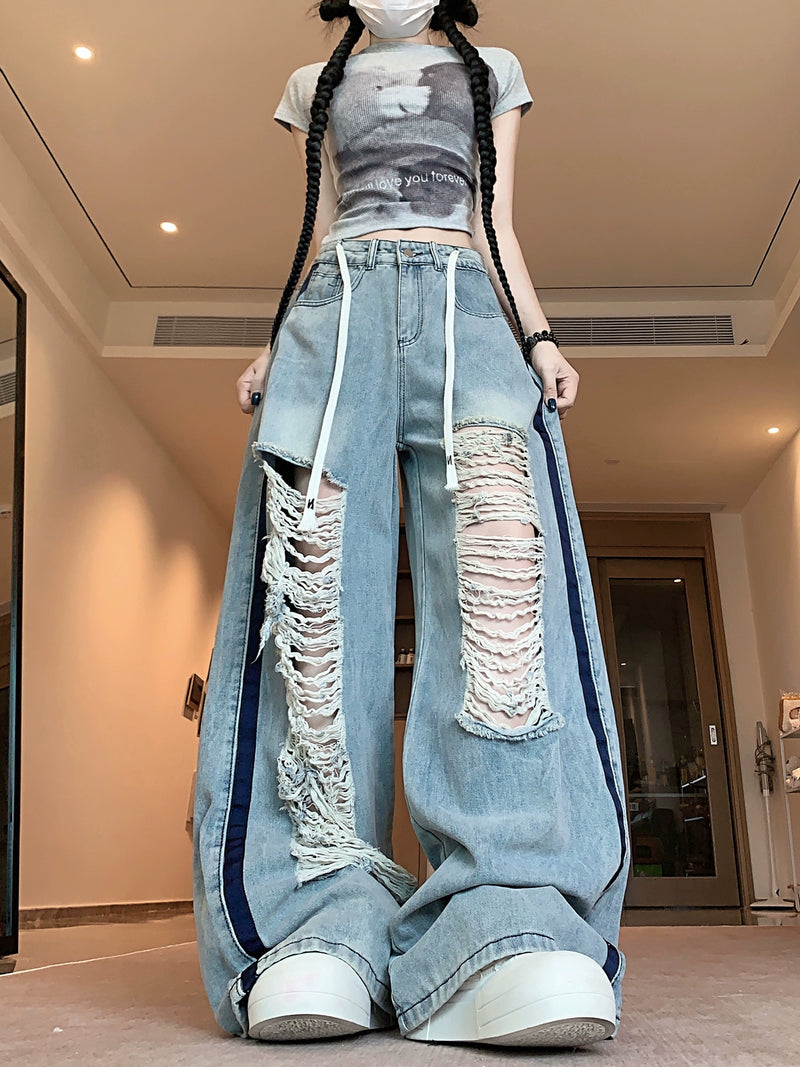 American ripped jeans with loose design, retro spicy girl blue lazy straight leg pants