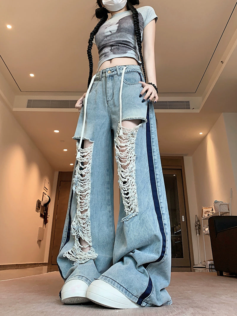 American ripped jeans with loose design, retro spicy girl blue lazy straight leg pants