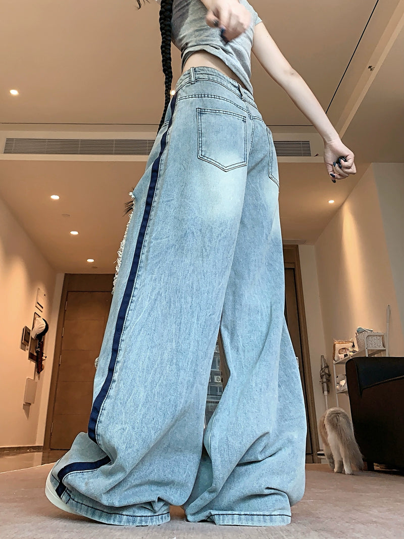 American ripped jeans with loose design, retro spicy girl blue lazy straight leg pants
