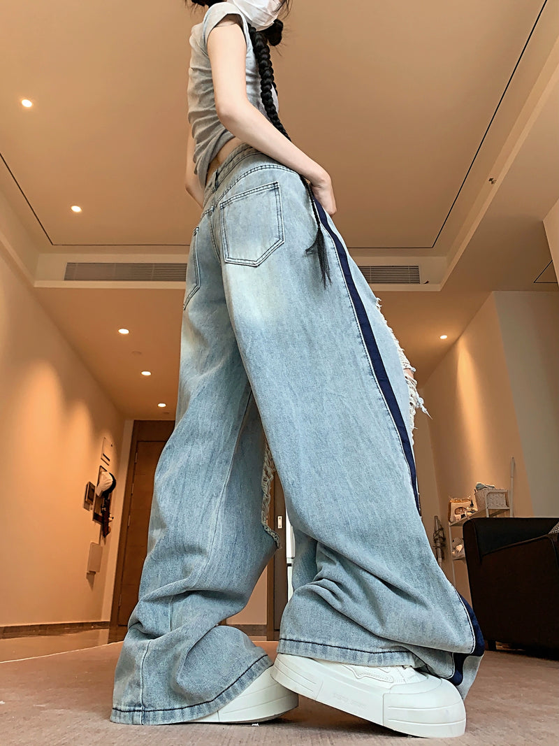 American ripped jeans with loose design, retro spicy girl blue lazy straight leg pants