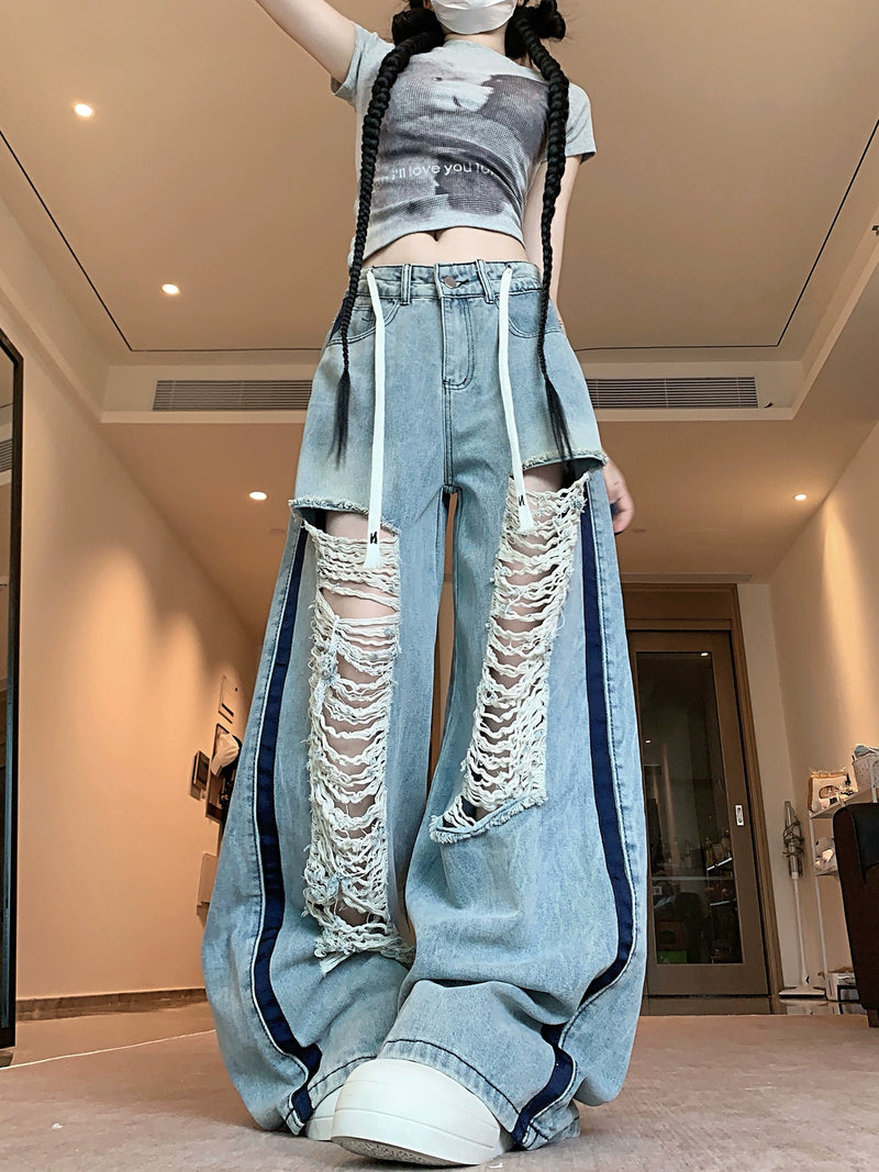 American ripped jeans with loose design, retro spicy girl blue lazy straight leg pants