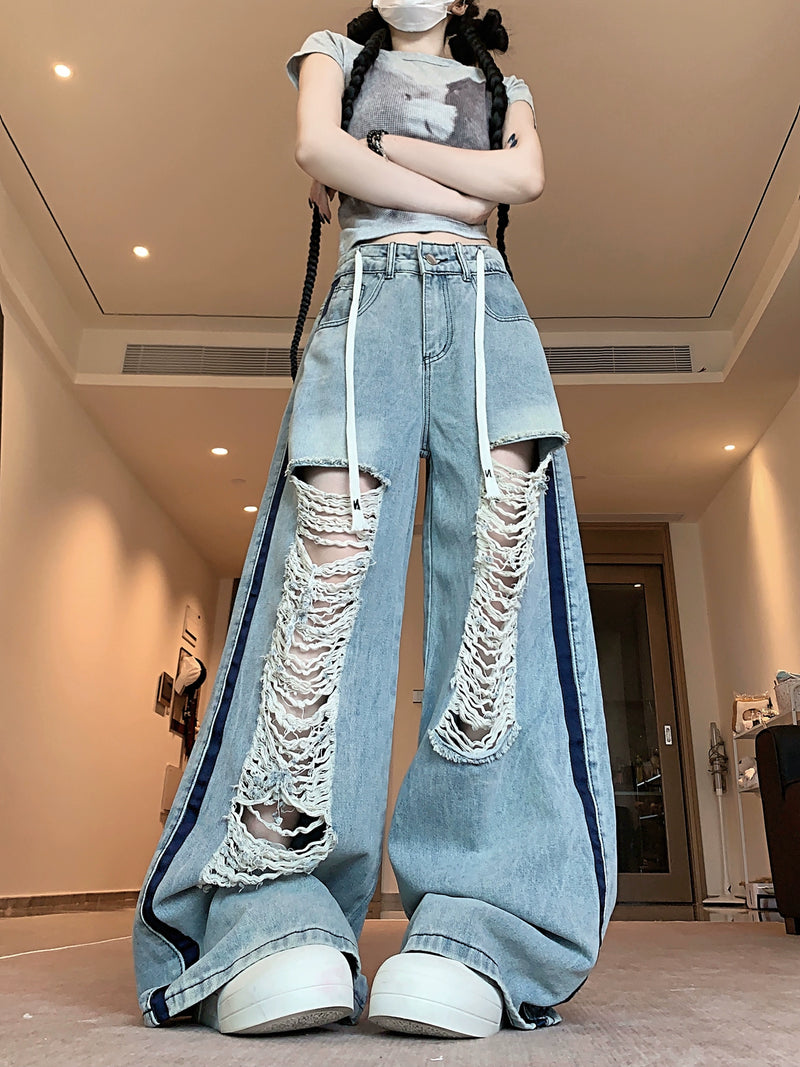 American ripped jeans with loose design, retro spicy girl blue lazy straight leg pants