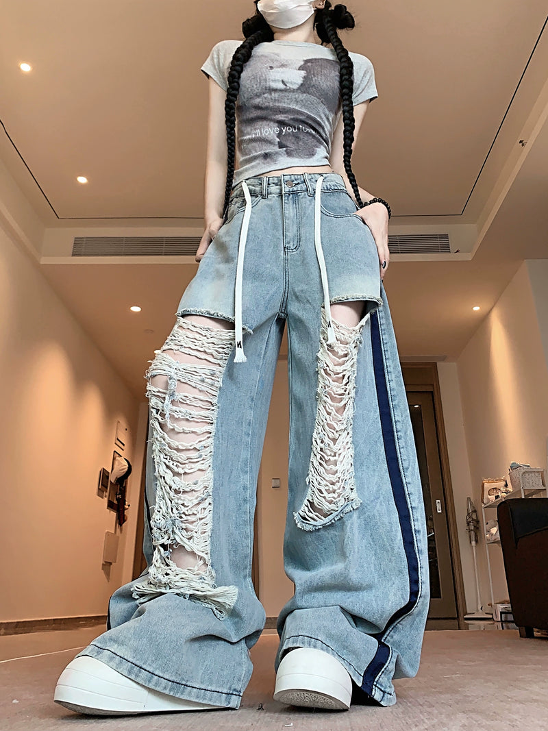 American ripped jeans with loose design, retro spicy girl blue lazy straight leg pants
