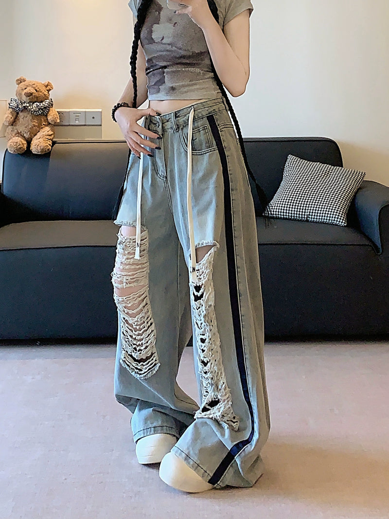 American ripped jeans with loose design, retro spicy girl blue lazy straight leg pants