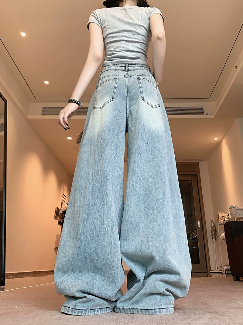 American ripped jeans with loose design, retro spicy girl blue lazy straight leg pants