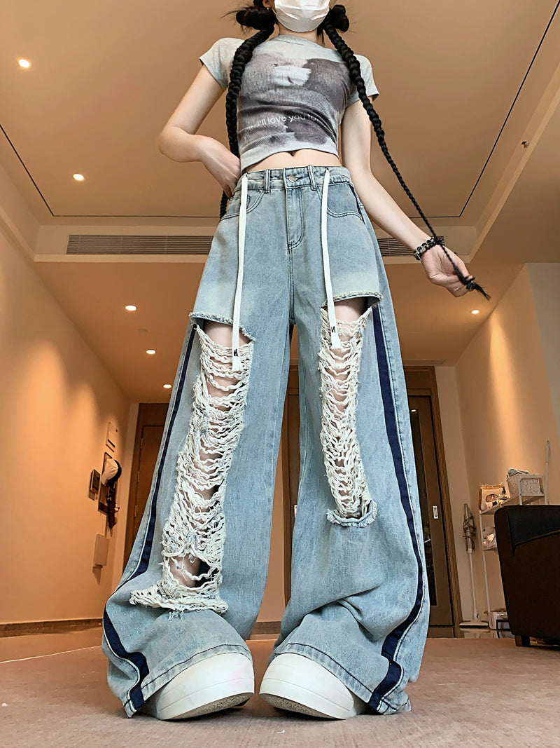 American ripped jeans with loose design, retro spicy girl blue lazy straight leg pants