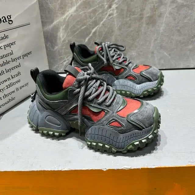 Chunky Sneakers Men Designer Mountaineering Shoes Fashion Casual Leather Fabric Breathable Height Increased Platform Sport Shoes