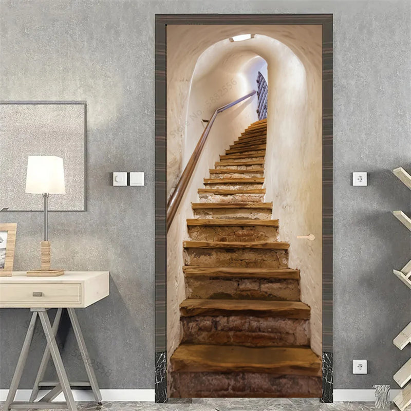 Wooden Door Mural Decal Sticker Peel and Stick Removable Self-Adhesive Brown Wood Grain Red Brick Door Wallpaper for Home Decor