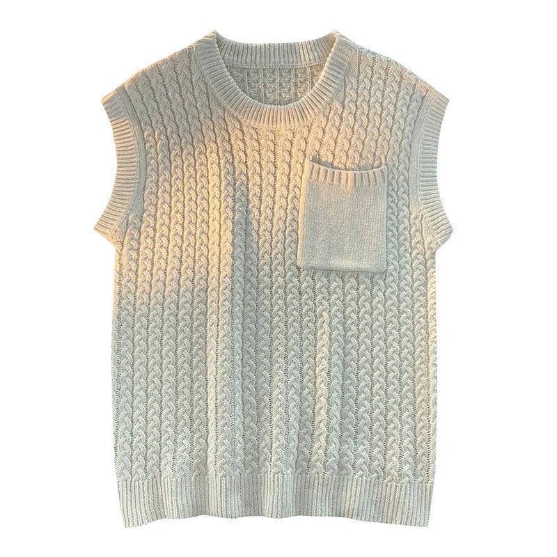 Tatiana Haven Unisex Knit Sweater Vest – Casual Streetwear with Pockets, Harajuku Preppy Style for Autumn & Winter