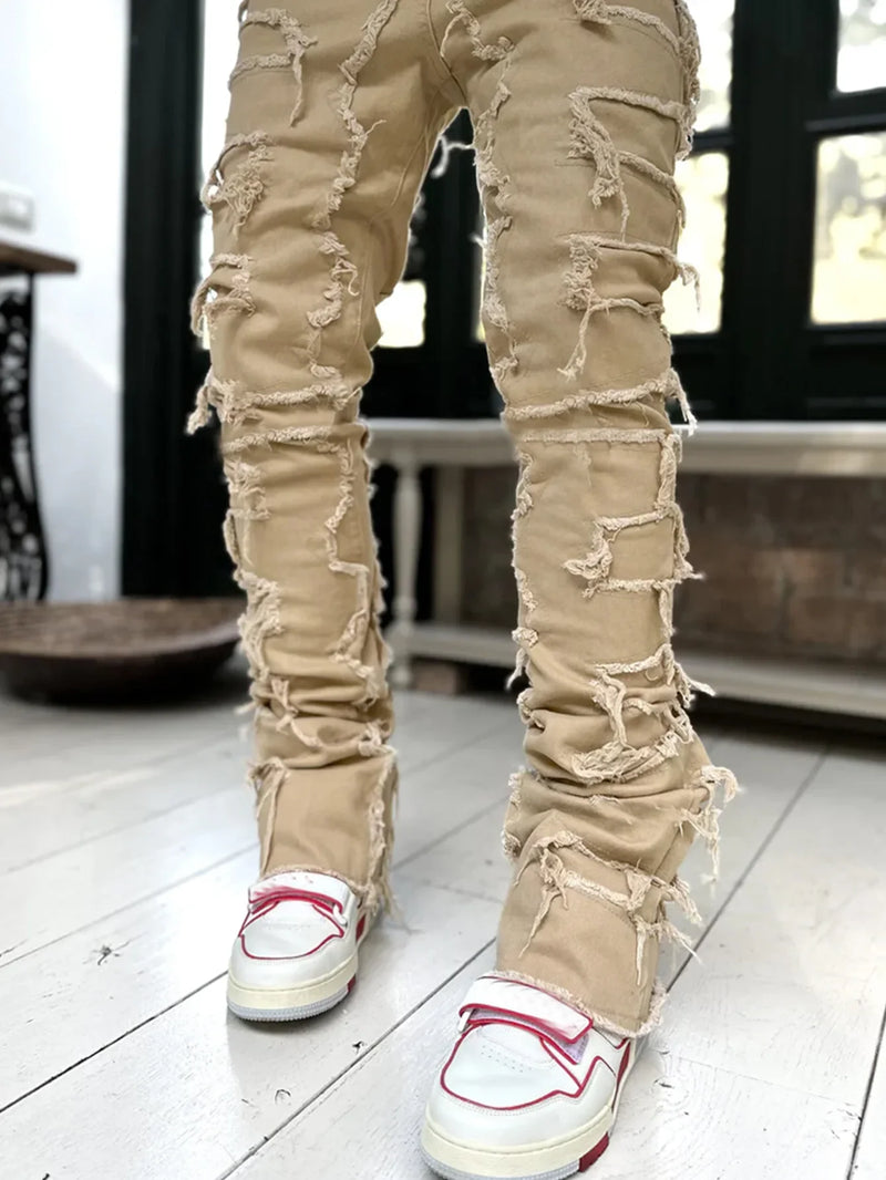 Men’s Stacked Ripped Jeans – Slim Fit Distressed Straight Denim Pants, Hip Hop Streetwear Style