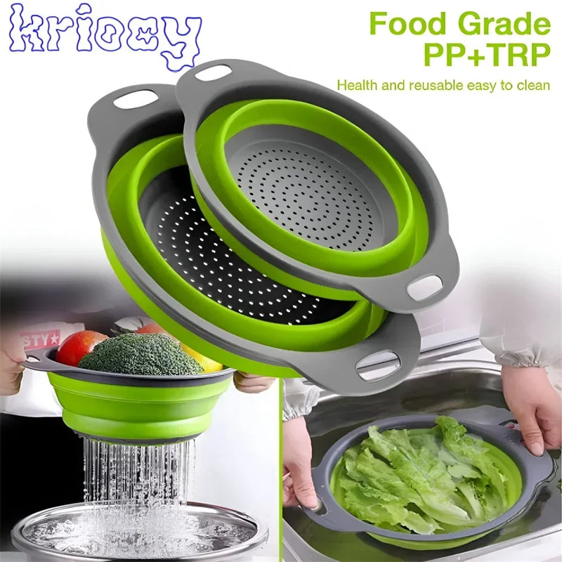 Round Collapsible Colander Silicone Kitchen Fruit Vegetable Washing Basket Strainer Foldable Drainer Kitchen Gadgets Tools