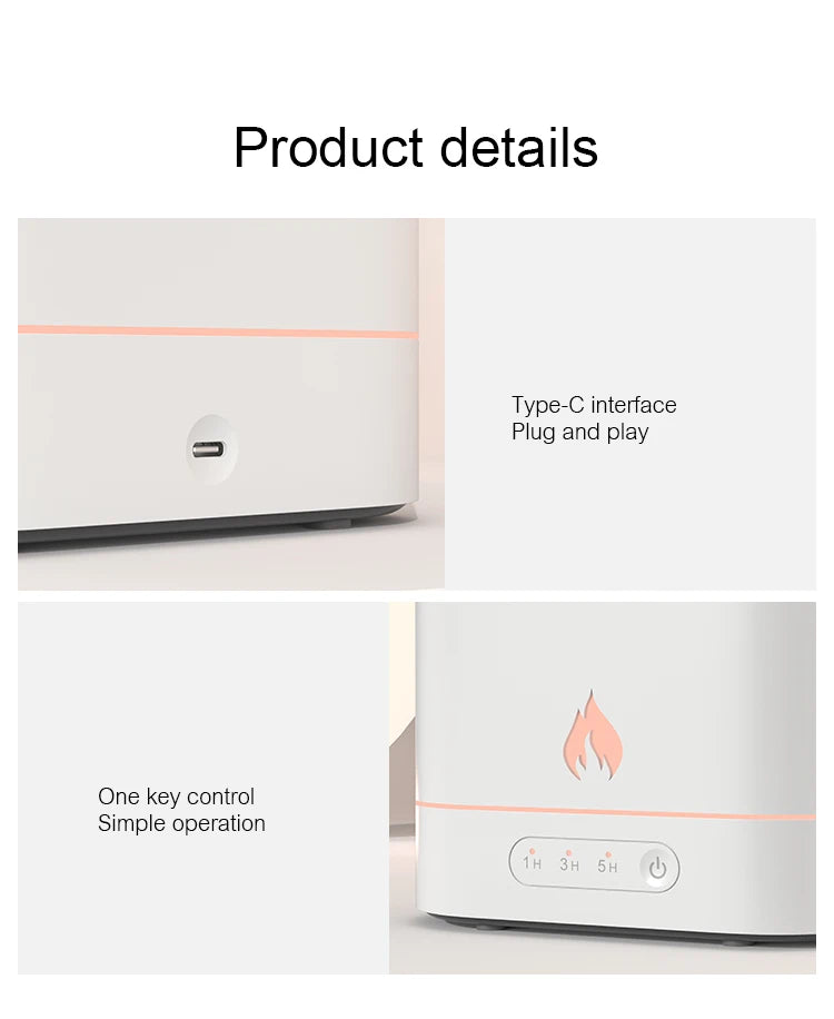 250ml Flame Humidifier 1/3/5H USB Smart Timing LED Electric  Aroma Diffuser Simulation Fire Night Lamp