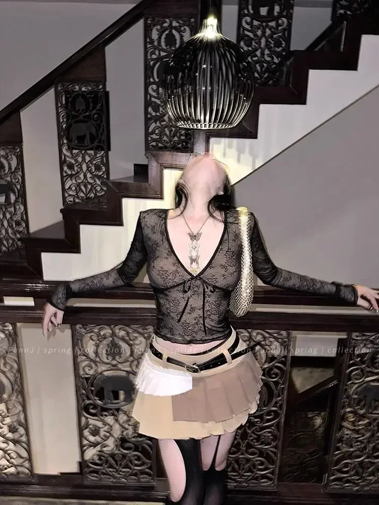 Coquette Aesthetic Mesh T Shirts Women Vintage V Neck Lace Bow Cropped Tops Y2k Sexy Slim Fit Long Sleeve Tee Shirts