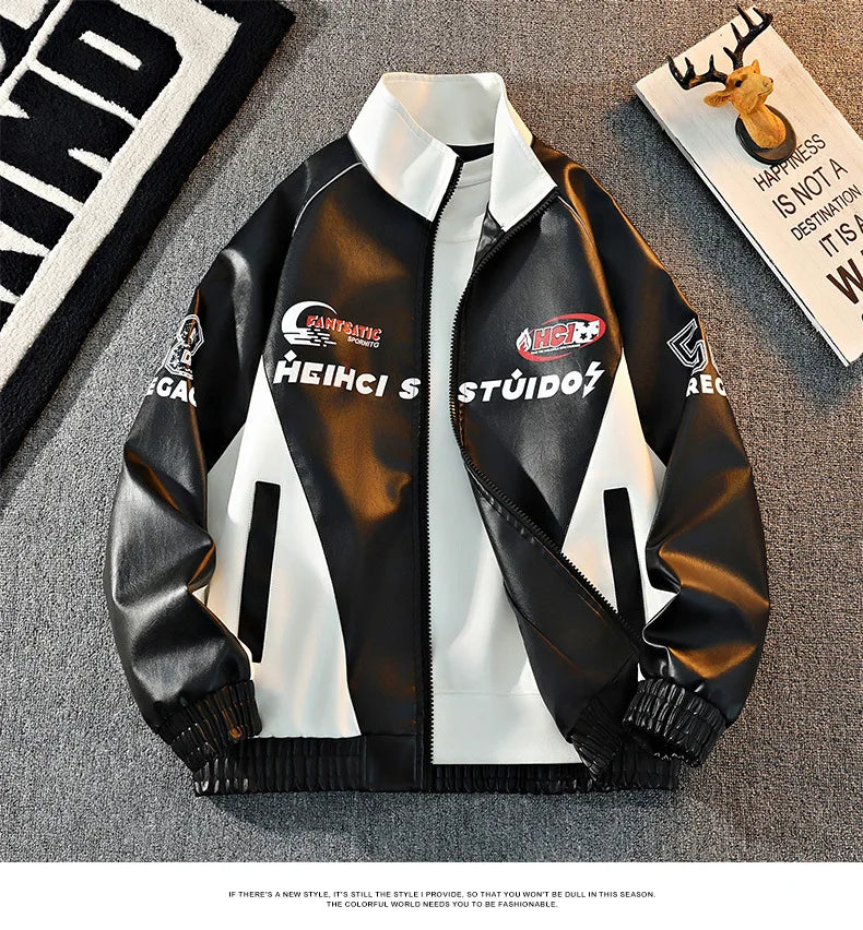 Mens Leather Moto Jacket  Stand Collar Edgy Racing Style Utility Work Coat  Unisex Hong Kong Trend Ins Fashion for Spring Autumn