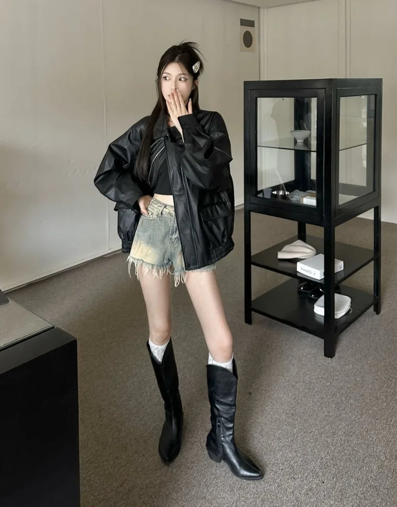 American Retro Solid Pu Jackets Women Autumn Sweet Cool Tops PU Baggy Cozy Turn-down Collar Zipper Fashion Stylish Temperament