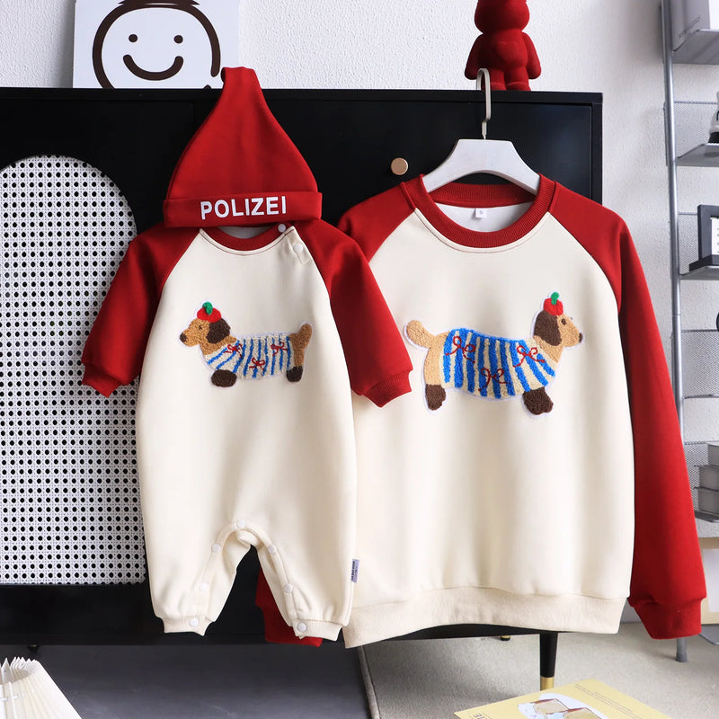 Funny Red Sweatshirts for The Whole Family Matching Clothes Father Mother and Son Daughter Cute Dog Print Tops Newborn Bodysuit