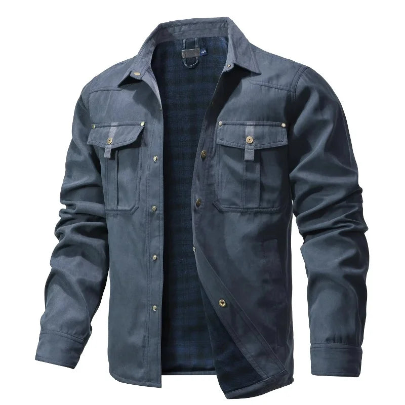 Men’s Flannel-Lined Shirt Jacket – Casual Snap Button Overshirt for Spring & Autumn