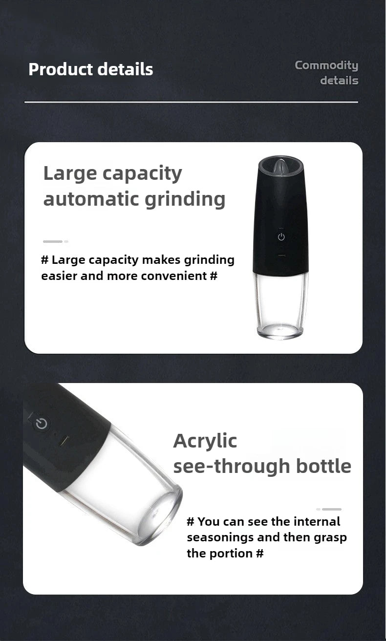 Electric Salt and Pepper Grinder USB Rechargeable Adjustable Coarseness Large Capacity Auto Spices Grinders Kitchen Cooking Tool
