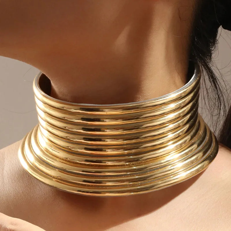 Fashion Golden Color Pu Leather Chunky Necklace Wide Bracelet Sets Punk Style Ethnic Style Jewelry Set For Women Party Accessory