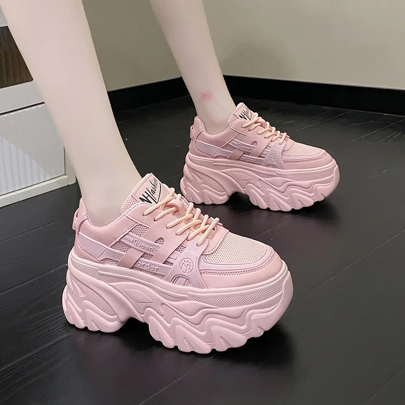 White Chunky Sneakers Women New 2025 Autumn Hidden Heel Platform Sports Dad Shoes Woman Lace Up Breathable Mesh Casual Shoes 8CM