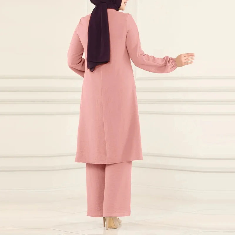 Casual Muslim Dress for Women Blouse 2 Piece Set Long Sleeve Shirt Wide Leg Pant Suits Saudi Arabic Dubai Dresses Autumn 2023