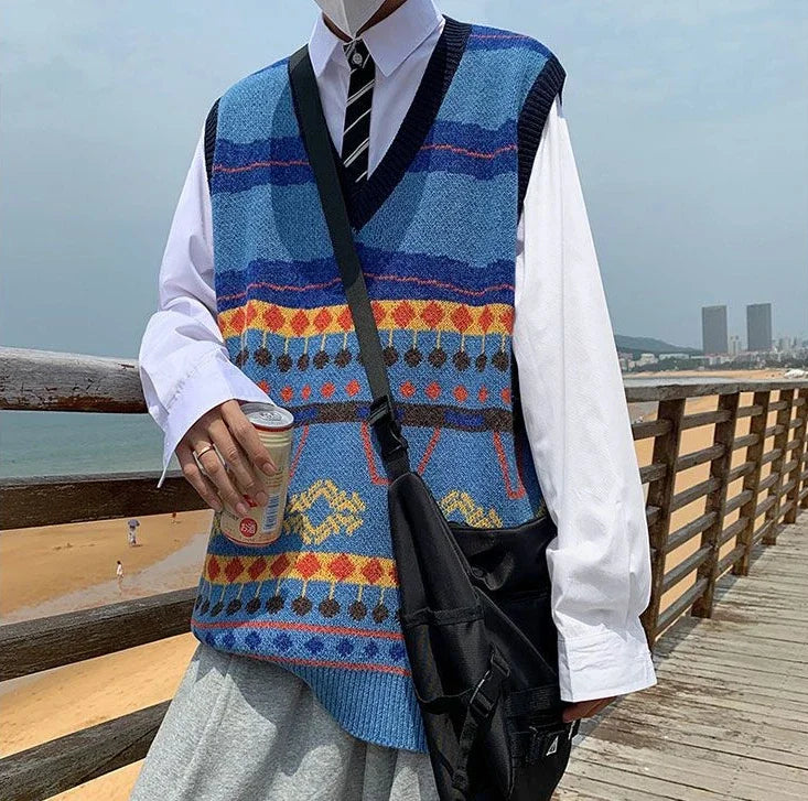 Tatiana Haven Men’s Printed Knit Sweater Vest – V-Neck Casual Korean-Style Fashion Waistcoat for Autumn & Winter
