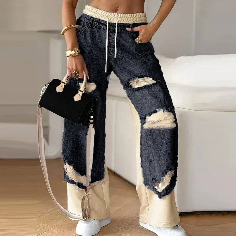 Retro denim ripped spliced jeans women&
