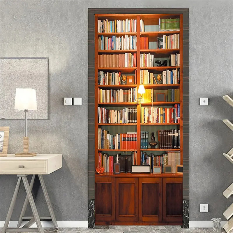 Wooden Door Mural Decal Sticker Peel and Stick Removable Self-Adhesive Brown Wood Grain Red Brick Door Wallpaper for Home Decor