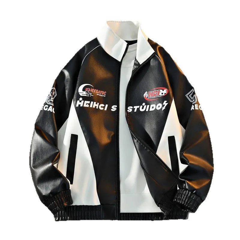 Mens Leather Moto Jacket  Stand Collar Edgy Racing Style Utility Work Coat  Unisex Hong Kong Trend Ins Fashion for Spring Autumn
