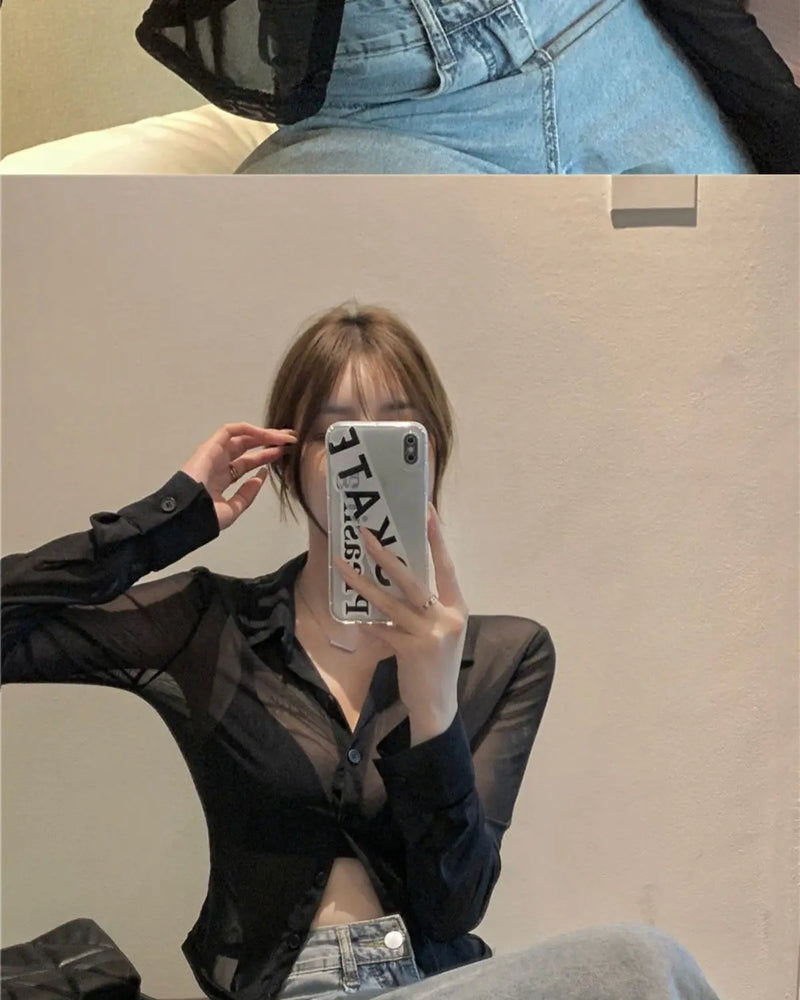 Mesh Sheer Shirts Women Long Sleeve Sunscreen Crop Tops Sexy Summer Thin Breathable Skinny Fashion Ins Streetwear Ladies Chic