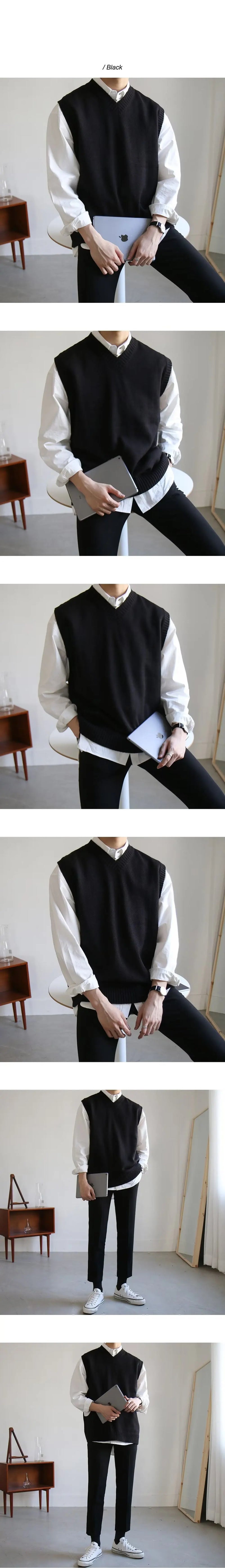 Tatiana Haven Men’s Simple Knit Sweater Vest – Solid V-Neck Sleeveless Top, Korean Casual Style, Plus Size M–3XL