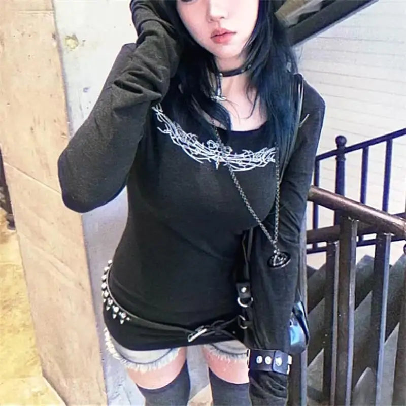 Y2k Gothic Print T-shirt Trashy 2000s Style Long Sleeve Tops Vintage Harajuku Streetwear American Retro T-shirts