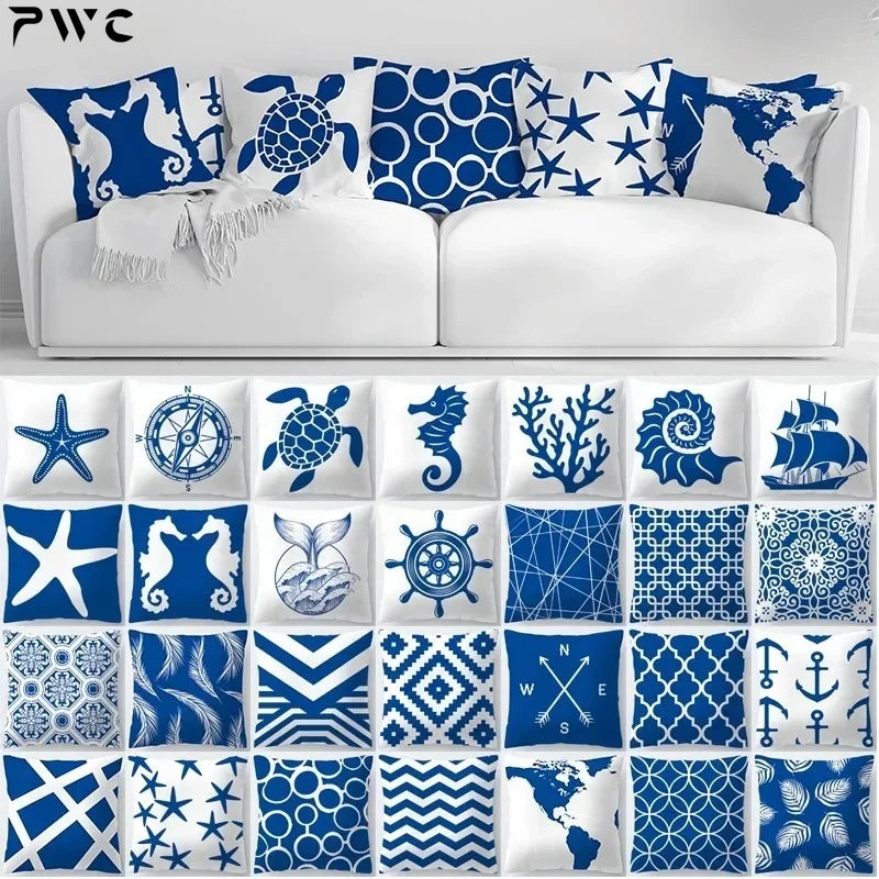 Decorative Throw Pillows Blue Geometry Pillow Cover 45x45 Polyester Cushion Cover Marine Life Pillowcase Cushions Home Decor