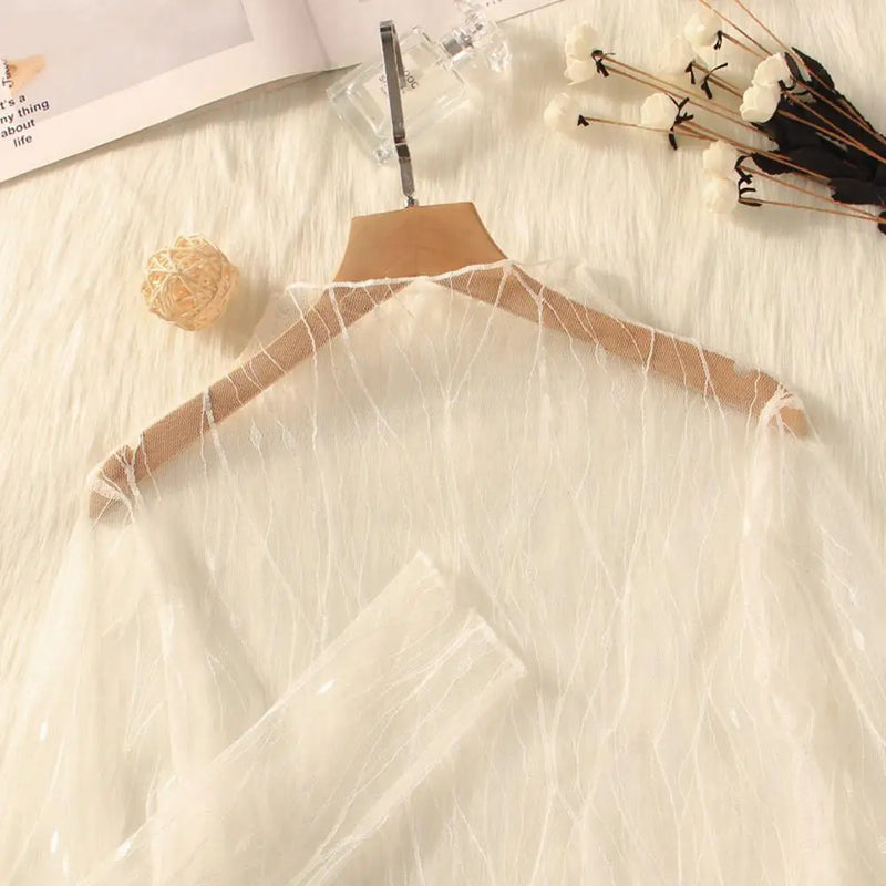 Lace Sheer Women‘s T-Shirt Fashion Mesh Summer Thin Bottom Shirt Transparent Long Sleeve Blouses Ladies Tops High Neck Tee Soli