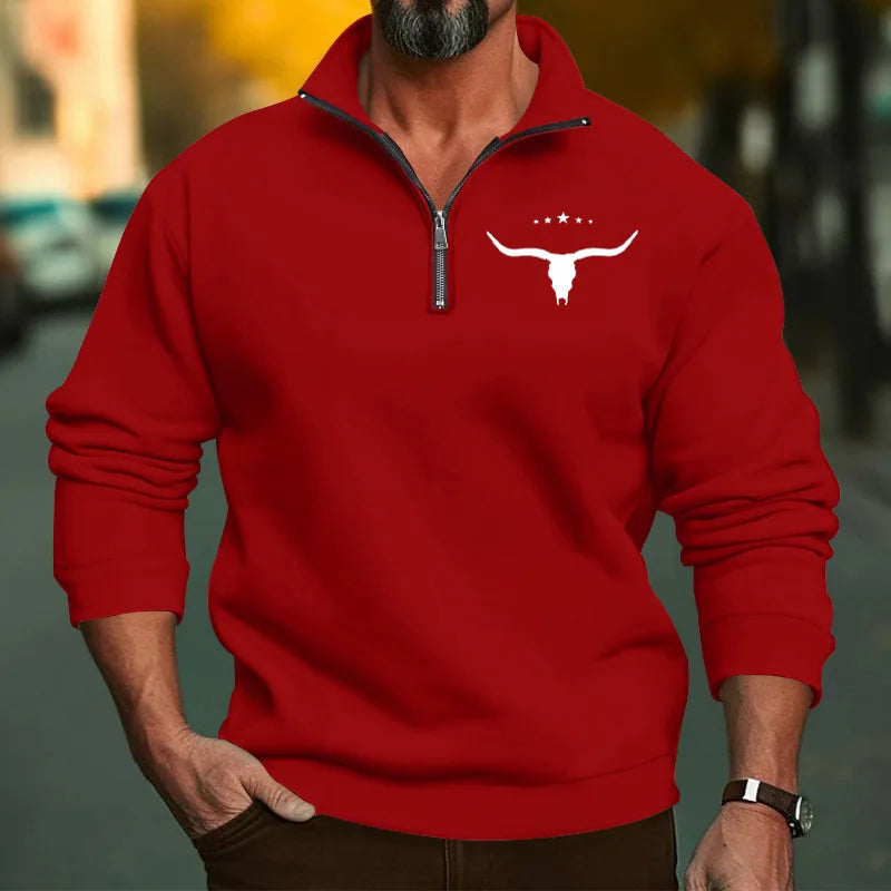 Men’s Winter Fleece Half-Zip Hoodie – Warm Stand Collar Bull Print Sweatshirt