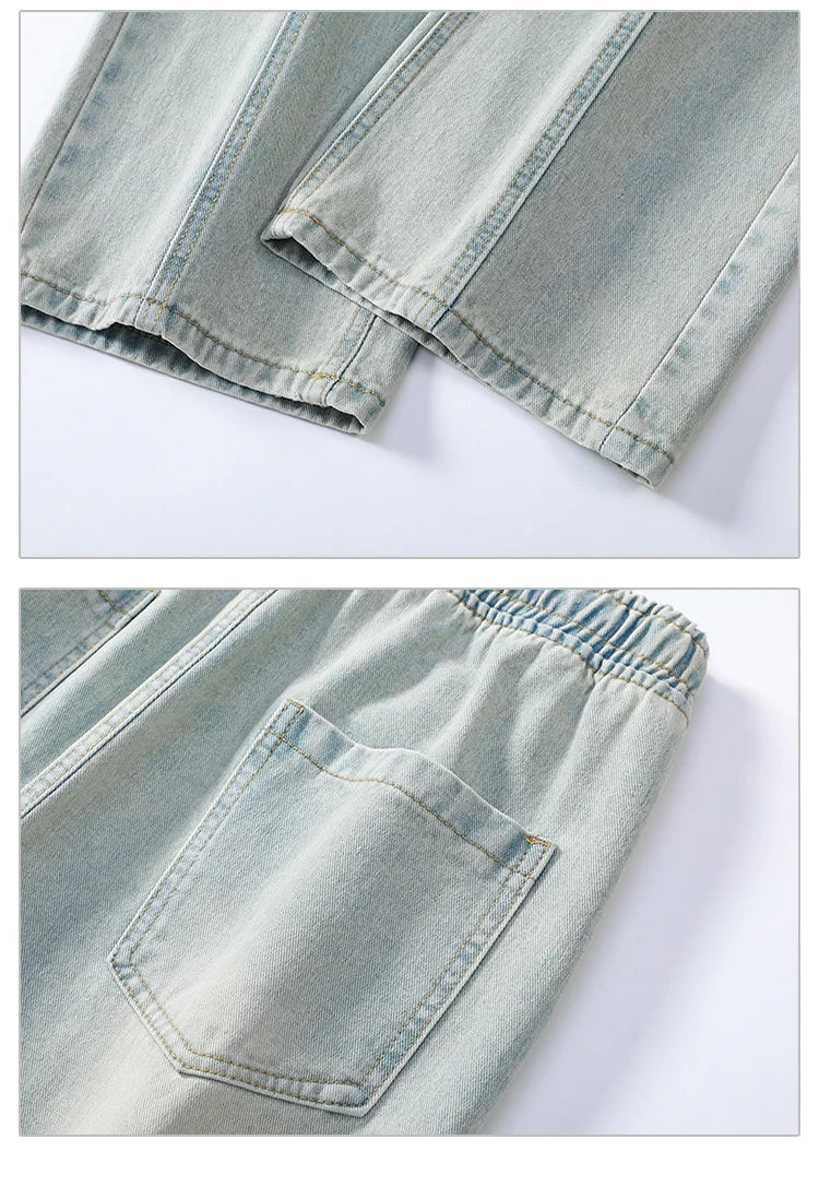 Men’s Summer Loose Ripped Jeans – Retro Straight-Leg Denim Pants with Drawstring Waist, Casual Streetwear Style