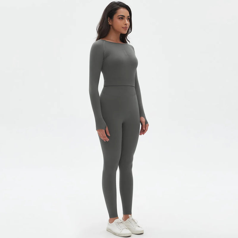 Seamless Two Piece Sets Womens Outifits Long Sleeve Gym Fitess Sport Set Yoga Leggings Matching Sets Exercise Tracksuits Female