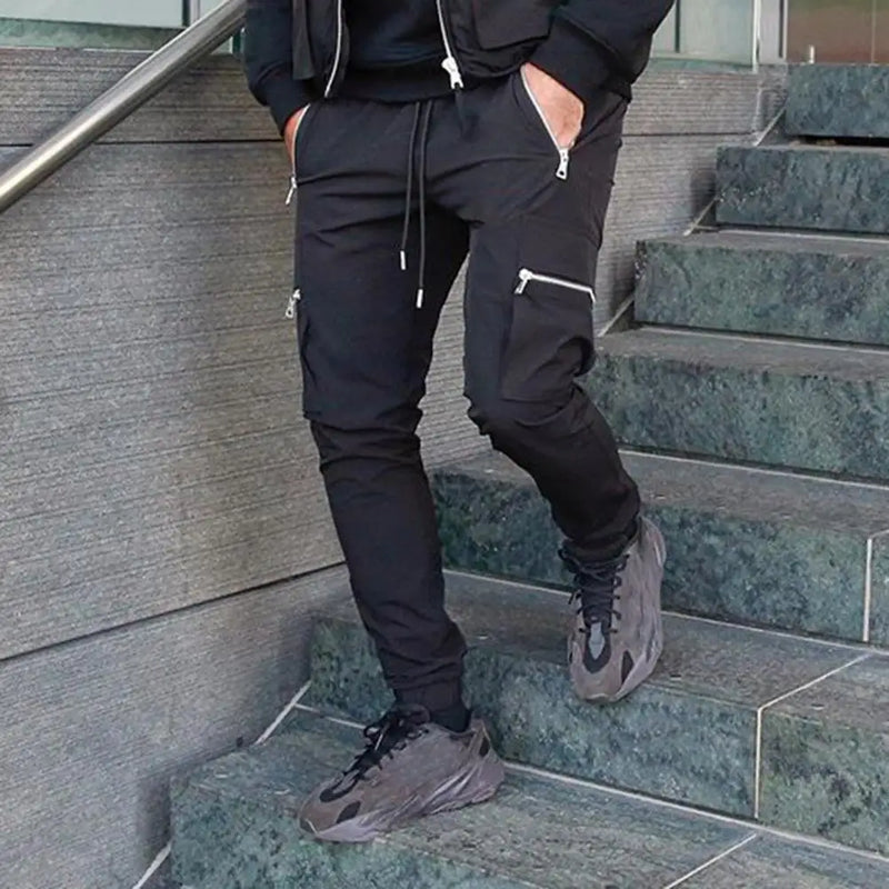 Mens Cargo Pants Zipper Pockets Jogger Running Hip Hop Streetwear Slim Sport Trousers Male Training Workout Fitness Sweatpants