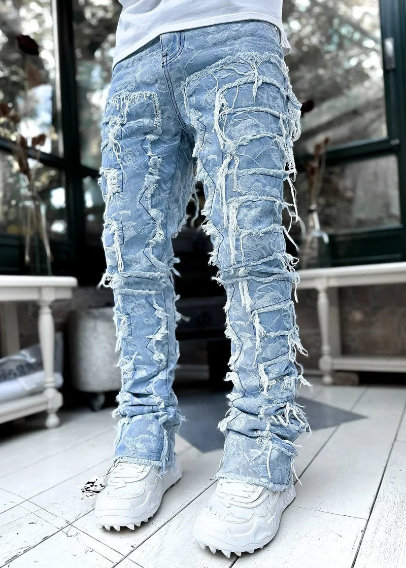 Men’s Stacked Ripped Jeans – Slim Fit Distressed Straight Denim Pants, Hip Hop Streetwear Style