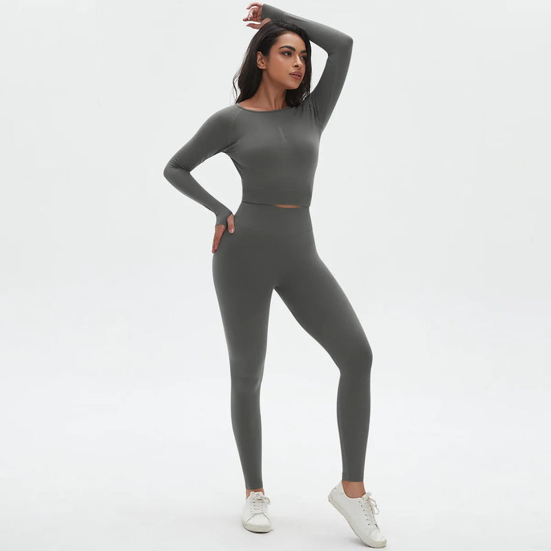 Seamless Two Piece Sets Womens Outifits Long Sleeve Gym Fitess Sport Set Yoga Leggings Matching Sets Exercise Tracksuits Female