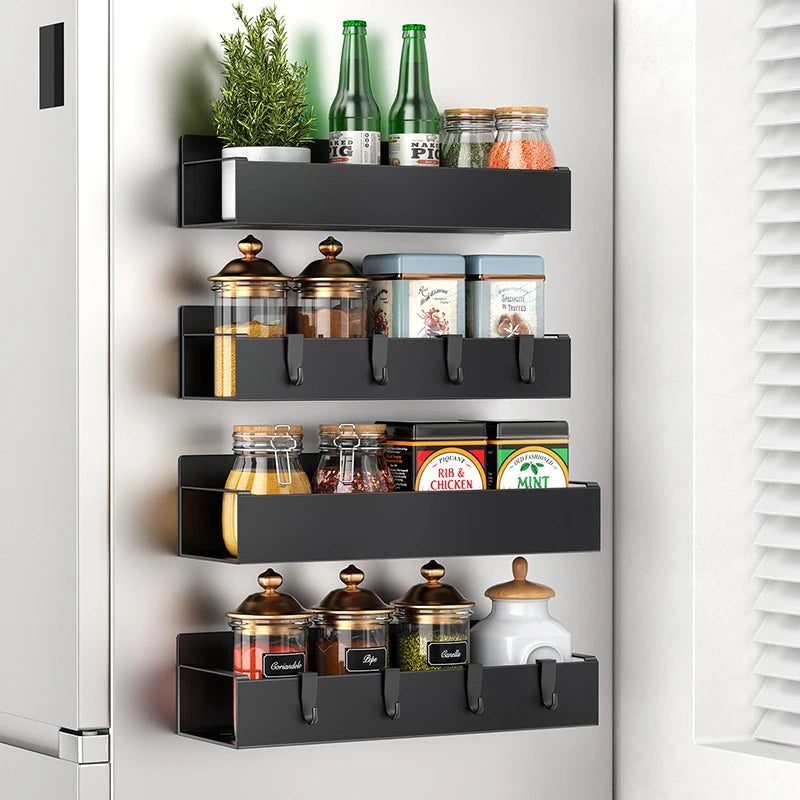 Magnetic Refrigerator Organizer - No Drill Side Mounted Spice Rack, Adjustable Kitchen Storage with Hooks for Condiments & Utens