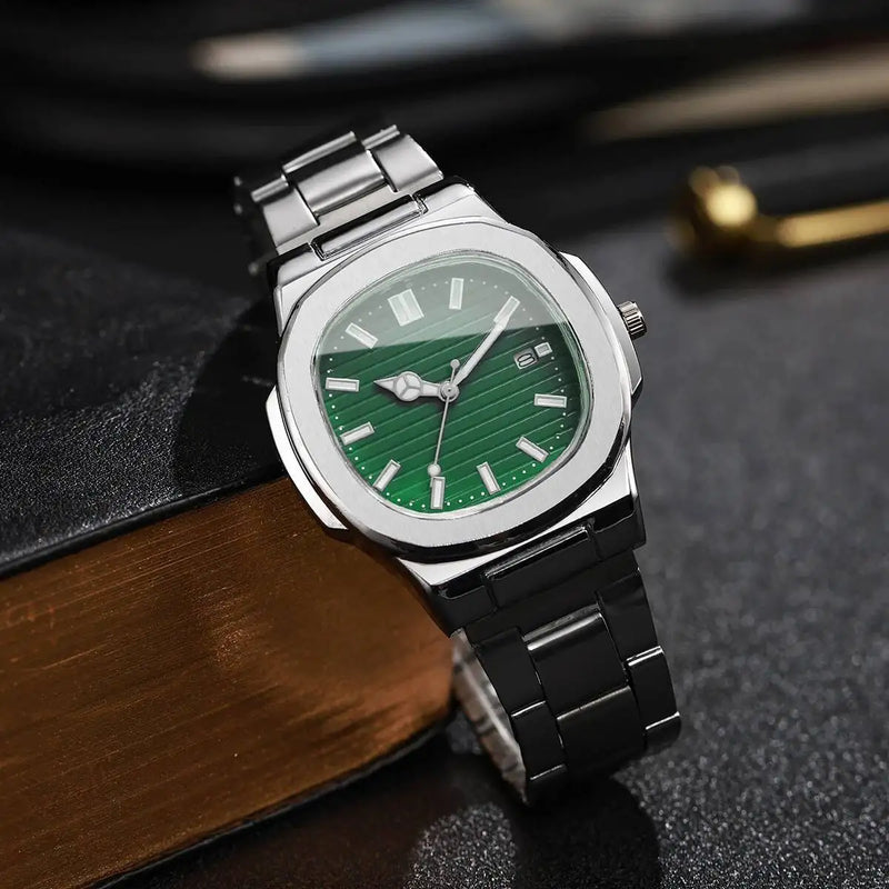 Luxury Men Business Watches Fashion Square Dial Stainless Steel Strap Quartz Watch with Calendar For Mens Clock（Without Box）