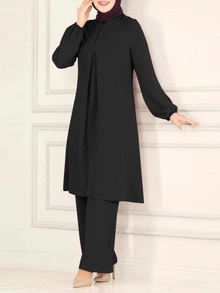 Casual Muslim Dress for Women Blouse 2 Piece Set Long Sleeve Shirt Wide Leg Pant Suits Saudi Arabic Dubai Dresses Autumn 2023