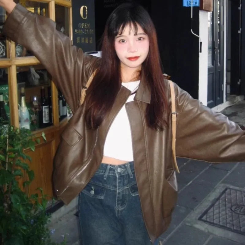 American Retro Solid Pu Jackets Women Autumn Sweet Cool Tops PU Baggy Cozy Turn-down Collar Zipper Fashion Stylish Temperament