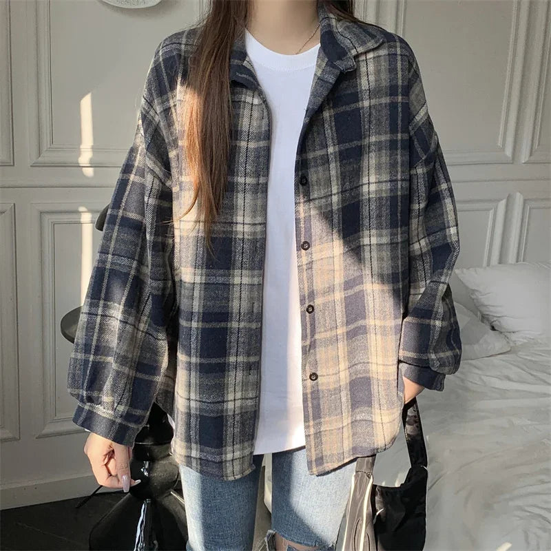Women’s Oversized Flannel Plaid Shirt – Long Sleeve Button-Down Check Shacket for Autumn & Winter