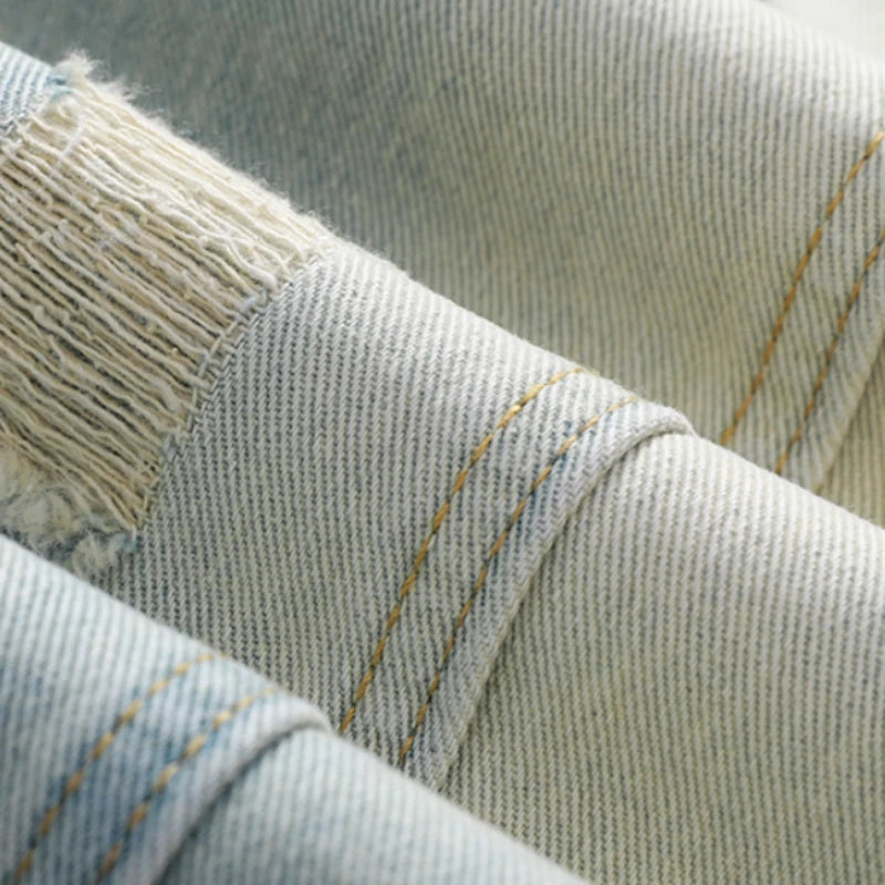 Men’s Summer Loose Ripped Jeans – Retro Straight-Leg Denim Pants with Drawstring Waist, Casual Streetwear Style