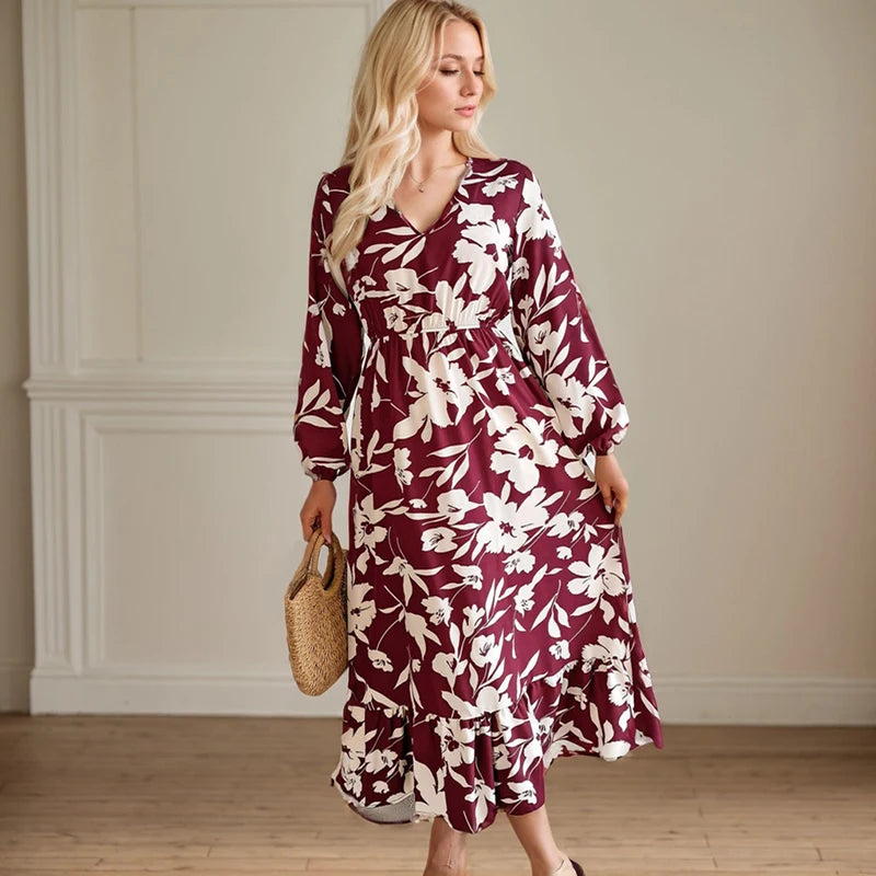 Casual Flower Waist Dress For Women Elegant V Neck Floral Print Long Sleeves High Tight Waist A-line Flowy Ruffle Hem Midi Dress